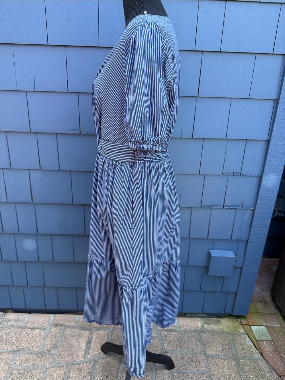 Striped V-Neck Maxi Dress with Puff Sleeves - Blue/White Med cotton - Picture 8 of 11